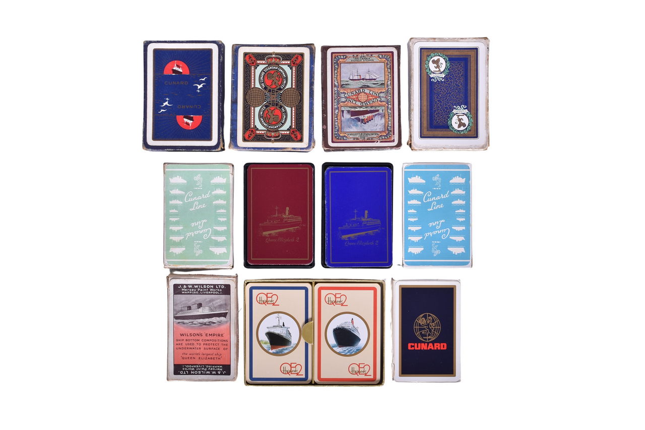 4089 - Twelve Vintage Cunard Line Steamship Playing Card Decks - Mauretania & Lusitania, Britannia, Queen Elizabeth 2, Wilson's Empire thumbnail