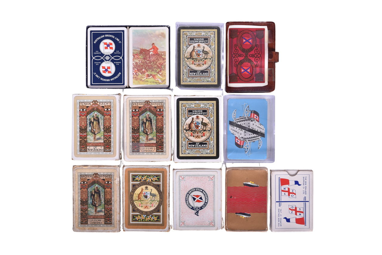 4099 - Thirteen New Zealand and Australian Steamship Playing Card Decks - Huddart Parker Line, United Steamship Co., Australian United, Etc. thumbnail