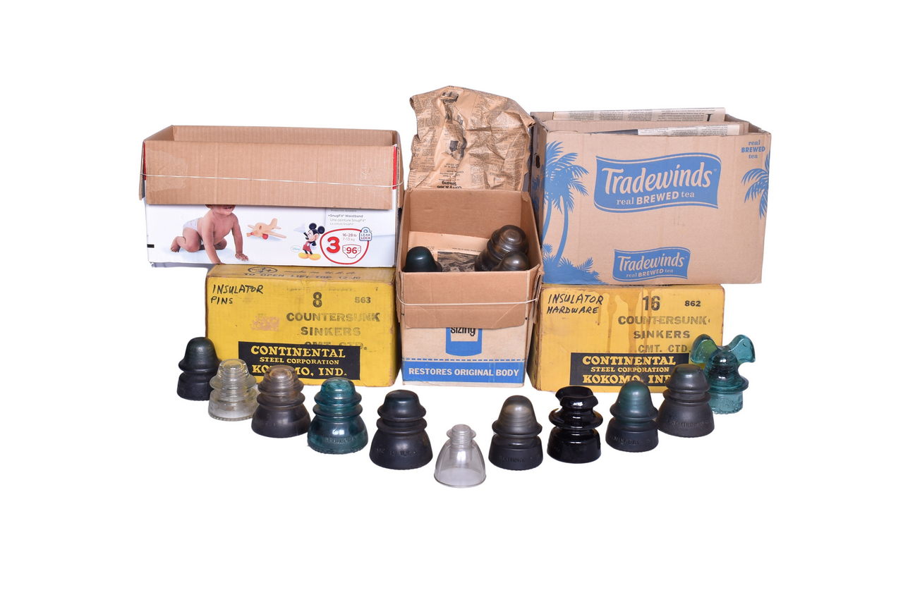 4114 - Forty-Five Glass Telegraph Insulators with Continental Boxes of Hardware & Pins thumbnail