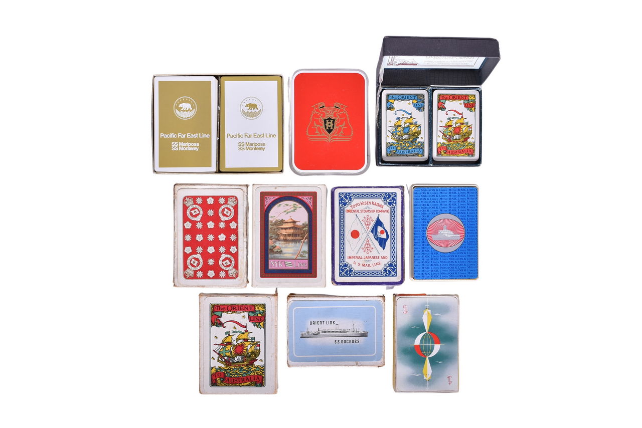 4119 - Twelve Pacific Steamship Company Playing Card Decks - Orient Line, NYK Line, Toyo Kisen Kaisha, Hokkaido, Mitsui OSK Lines, and Pacific Far East Line thumbnail
