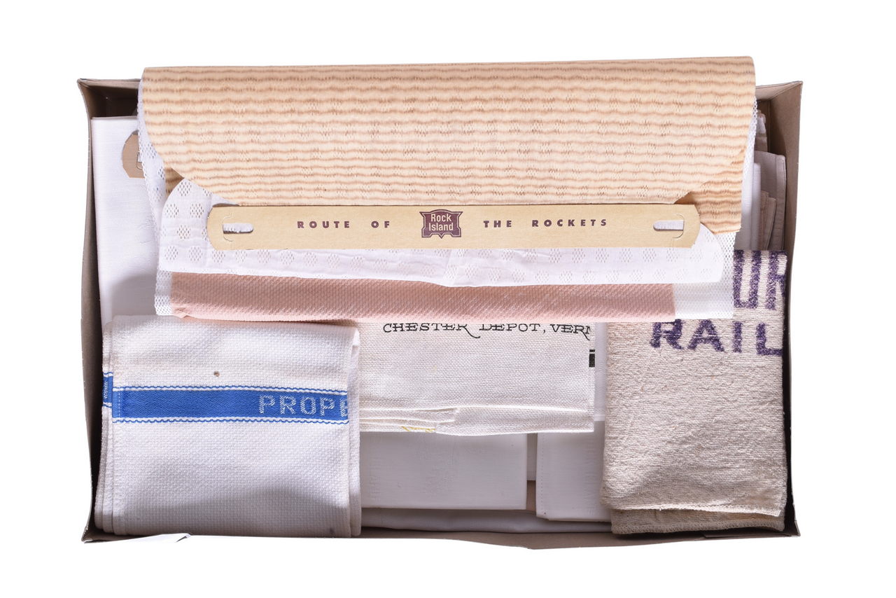 4120 - Mixed Group of Railroad Linens - Cloth Seat Covers, Rock Island Napkins and Tablecloth thumbnail