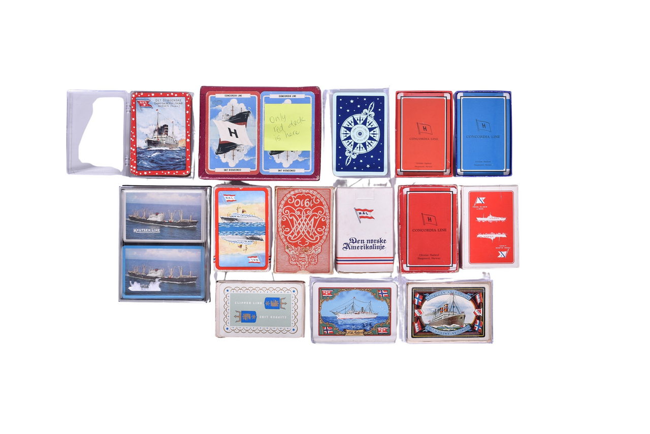 4123 - Fifteen Playing Card Decks Advertising Norway Shipping Companies - Concordia Line, Gergen, Fern-Ville, Fred Olsen, Etc. thumbnail