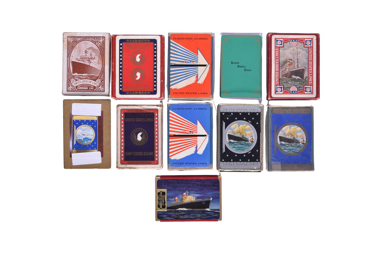 4125 - Eleven United States Lines Playing Card Decks - SS Leviathan, Harriman Line, SS America, SS United States thumbnail