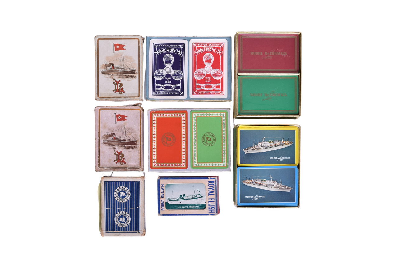 4133 - Twelve Steamship Company Playing Card Decks Advertising Panama Railroad Steamship Line, Moore McCormack Line, and More thumbnail