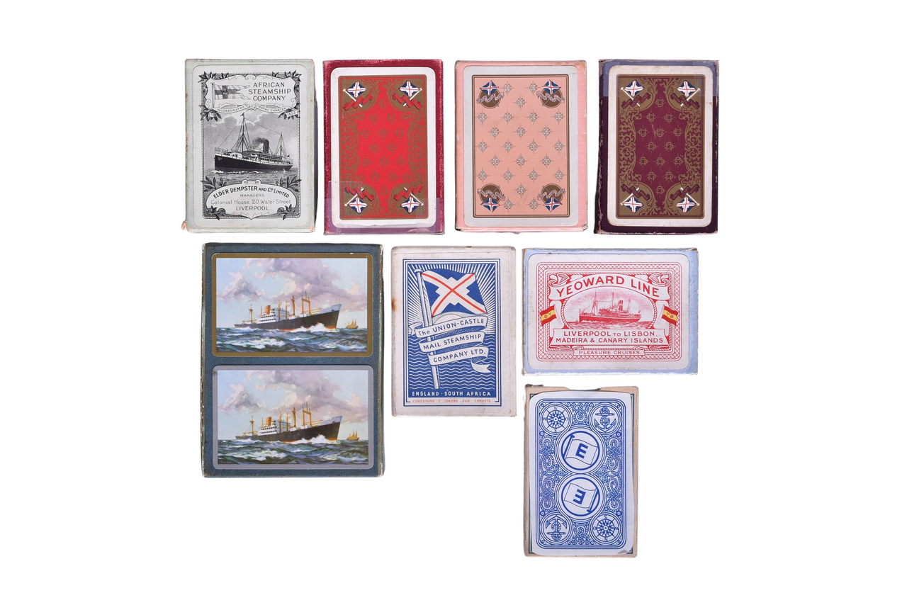 4137 - Nine Vintage Shipping Company Playing Card Decks Advertising Union Castle Line, African Steamship Co., Essberger, and More thumbnail