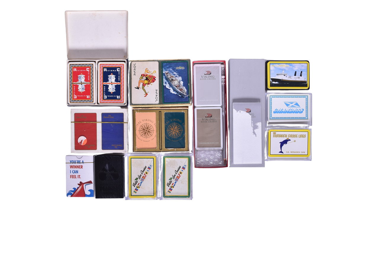 4155 - Seventeen Cruise Line Playing Card Decks Advertising Delta Line, Viking, Riviera, Carnival, Chandris, Monarch, Stena, and Nova Scotia thumbnail