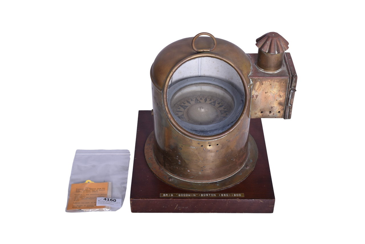 4160 - Brass Maritime Binnacle, Observator Compass, and Oil Lamp From Brig 