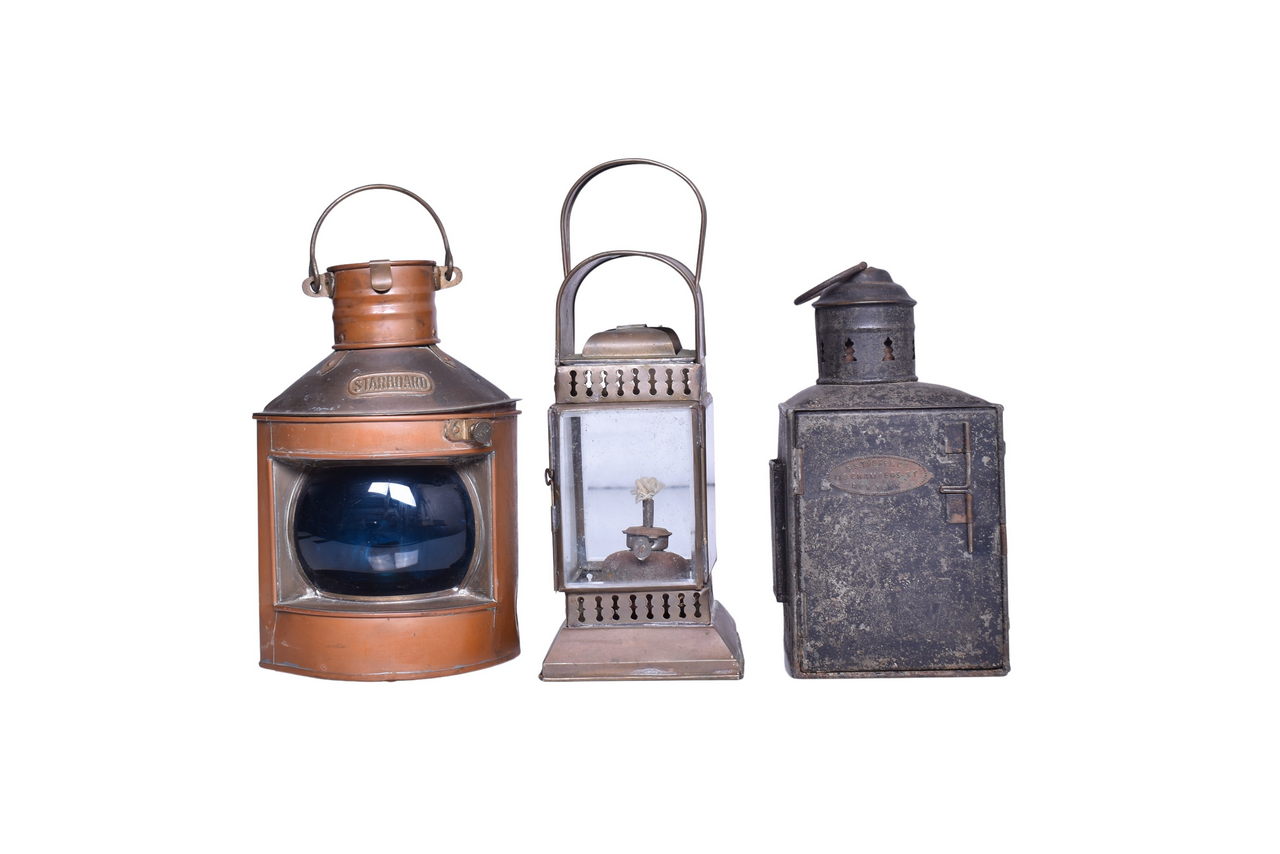 4162A - Three Nautical Lamps - Starboard Copper Corner Lantern, S.S. Thorp & Co. w/ Green Lens, and Brass Lamp thumbnail