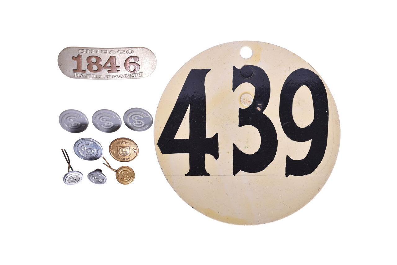 4210 - Chicago Surface Lines Buttons, Hat Badge, and Block Number - Interurban Railroad thumbnail