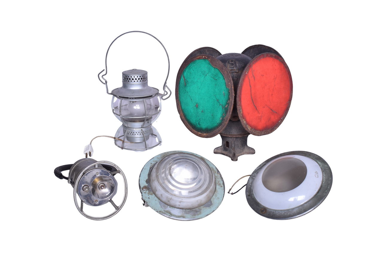 4235 - Mixed Group of Trolley Railroad St. Louis Car Co. Coach Lights, Switch Lamp, and Lanterns - Adlake and Dressel thumbnail