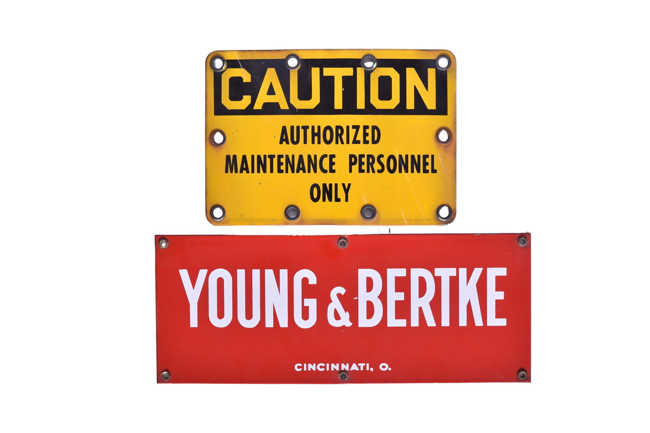 4250 - Pair of Porcelain Signs - Young and Bertke and Authorized Maintenance Personnel thumbnail