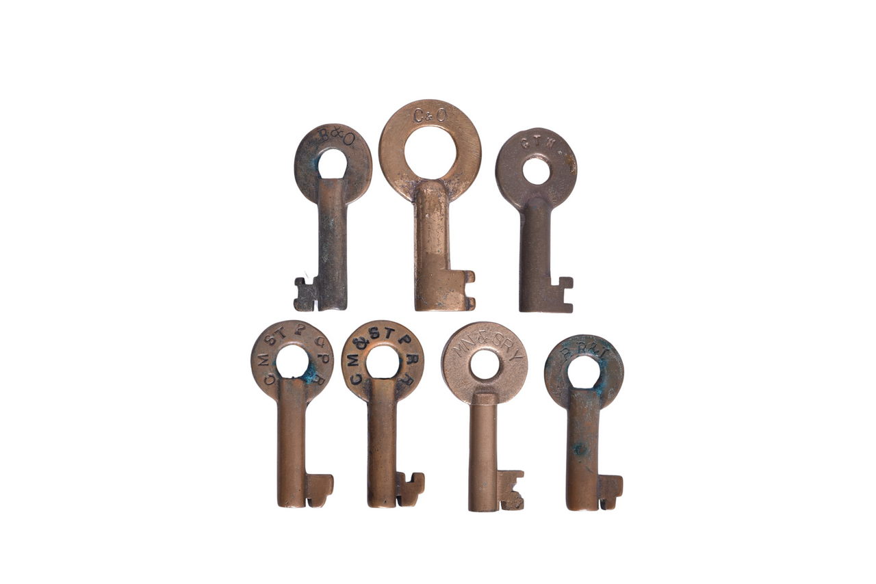 4277 - Seven Midwest Railroad Brass Keys - Minneapolis, Northfield & Southern, RR&I, CM&STP, GTW, B&O, C&O thumbnail