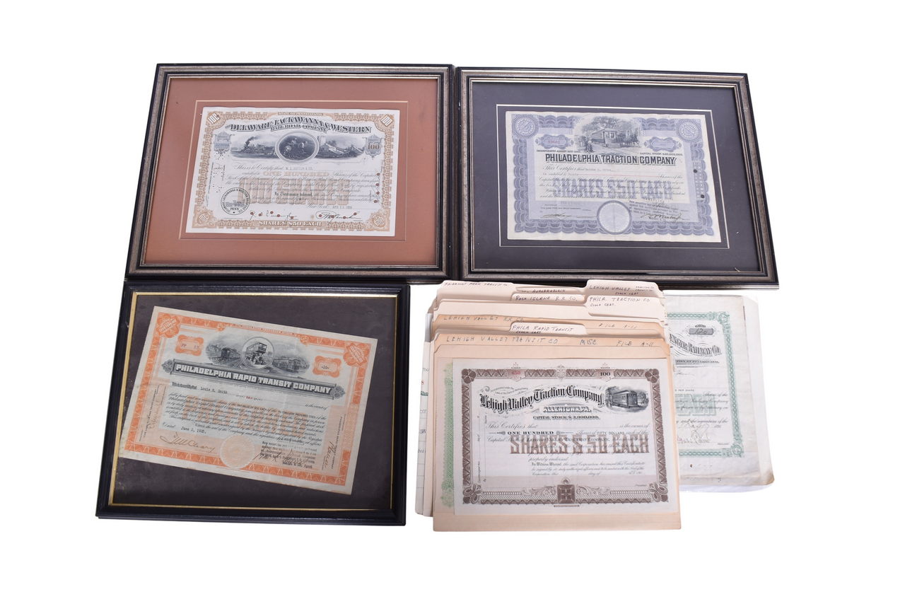 4288 - 100+ Interurban Railroad Stocks and Bonds - Three Framed - Lehigh Valley Transit, Philly, Etc. thumbnail