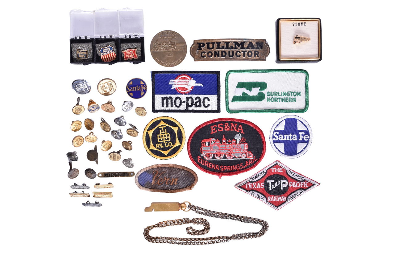 4421 - Collection of Railroad Uniform Buttons, Pins, Patches, and Pullman Conductor Cap Badge - Union Pacific, Santa Fe, Etc. thumbnail