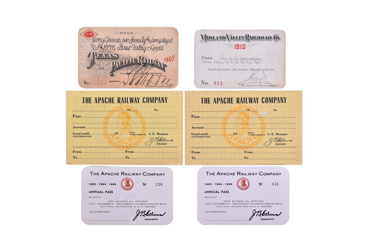 4301 - Group of Western Railroad Annual Passes - Texas & Pacific, Midland Valley, and Apache Railway thumbnail