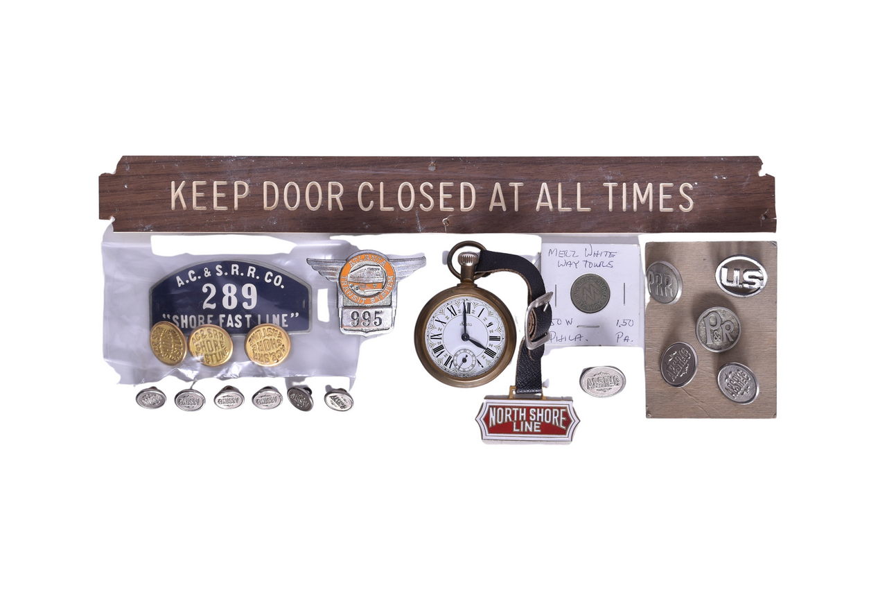 4306 - Interurban Railroad Buttons, Hat Badge, Sears Watch, and More! thumbnail