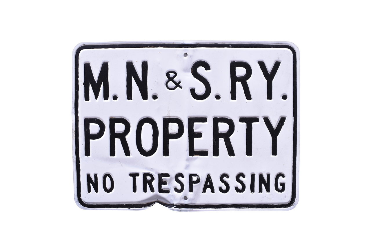 4445 - Minneapolis, Northfield and Southern Railway Embossed Steel No Trespassing Sign thumbnail