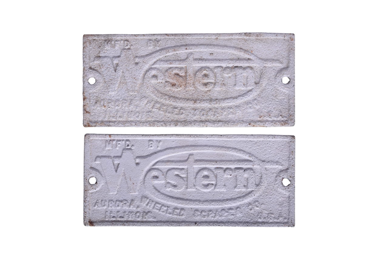 4322A - Pair of Cast Iron Western Wheeled Scraper Co. Equipment Tag Plates thumbnail