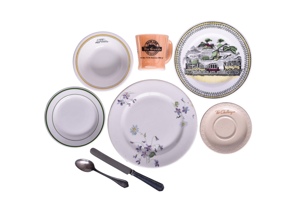 4325 - Eight Pieces of Railroad China, Silver, and Glassware - Missouri Pacific, Union Pacific, Chicago Milwaukee & St. Paul, and Rio Grande thumbnail