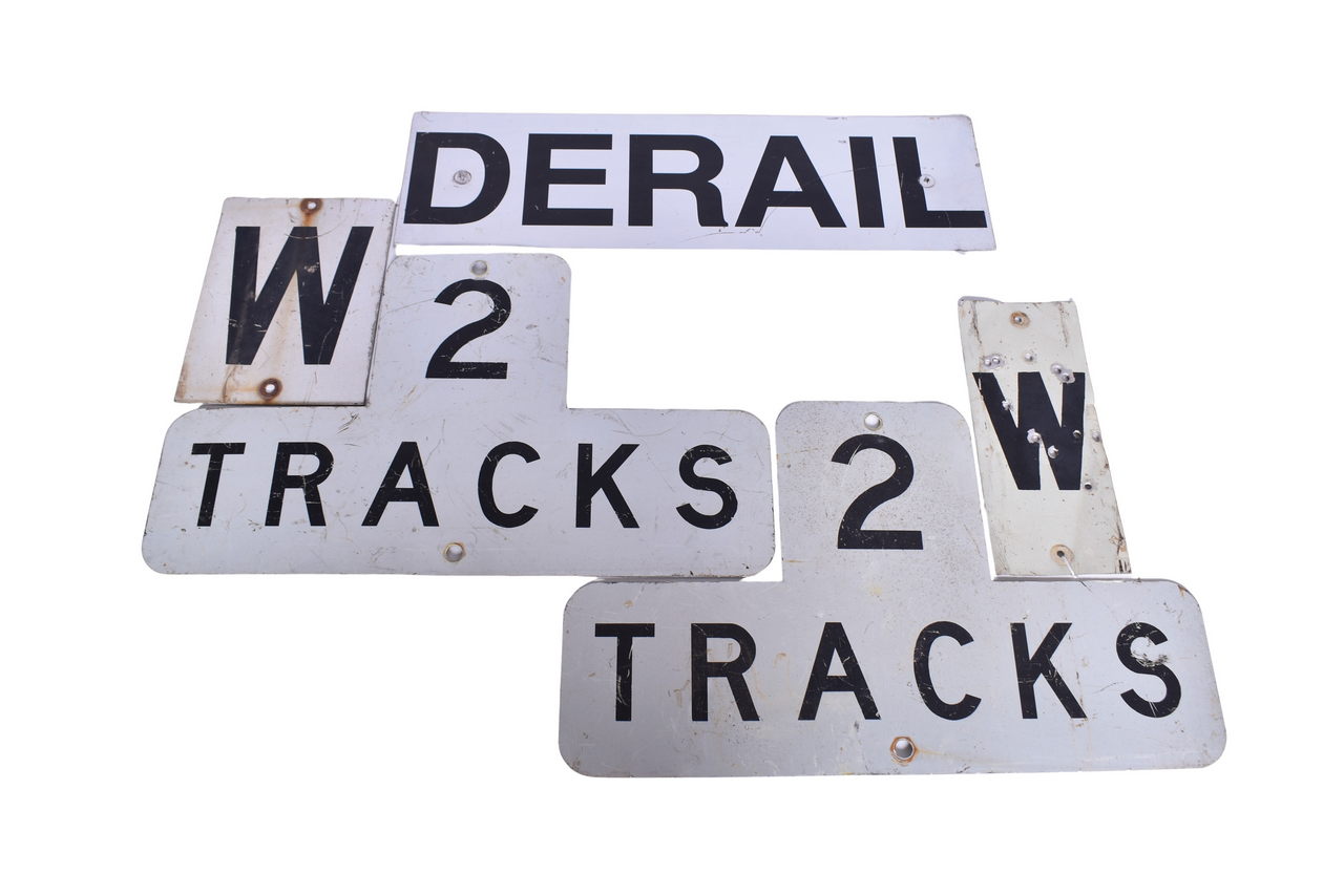 4463 - Five Aluminum and Steel Railroad Signs - 2 Tracks, Derail, and Whistle thumbnail