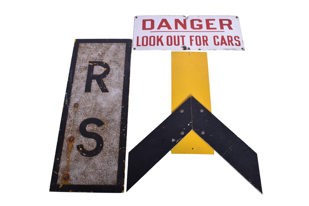 4465 - Three Railroad Signs - Porcelain Danger Look Out For Cars, Steel RS, and Left Arrow thumbnail