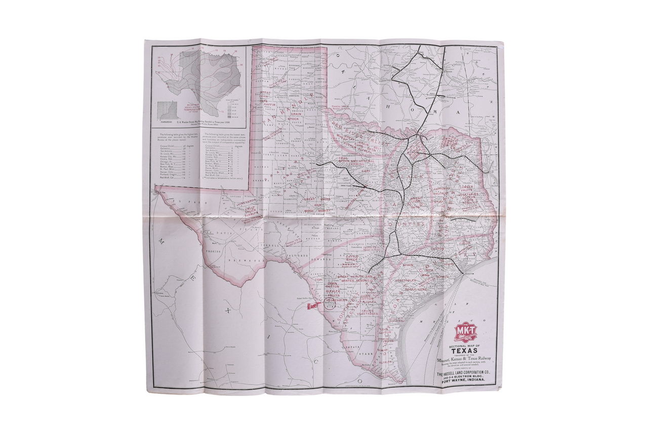 4343 - Antique Missouri, Kansas and Texas Railway Sectional Map of Texas 1908 thumbnail