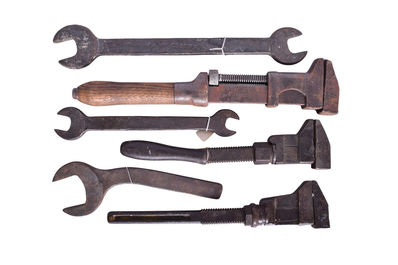 4477 - Six Midwest Railroad Wrenches - Wabash, Elgin, Joliet & Eastern, Illinois Central, Burlington Route, and Milwaukee Road thumbnail