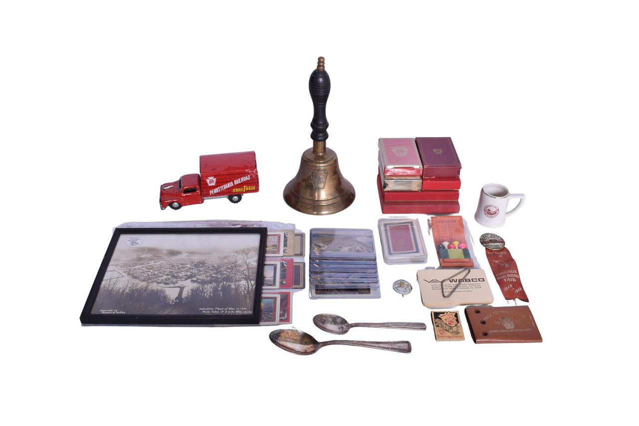 4361 - Group of Pennsylvania Railroad and New York Central Ephemera - Playing Cards, Flatware, TrucTrain Toy, Matches, Etc. thumbnail