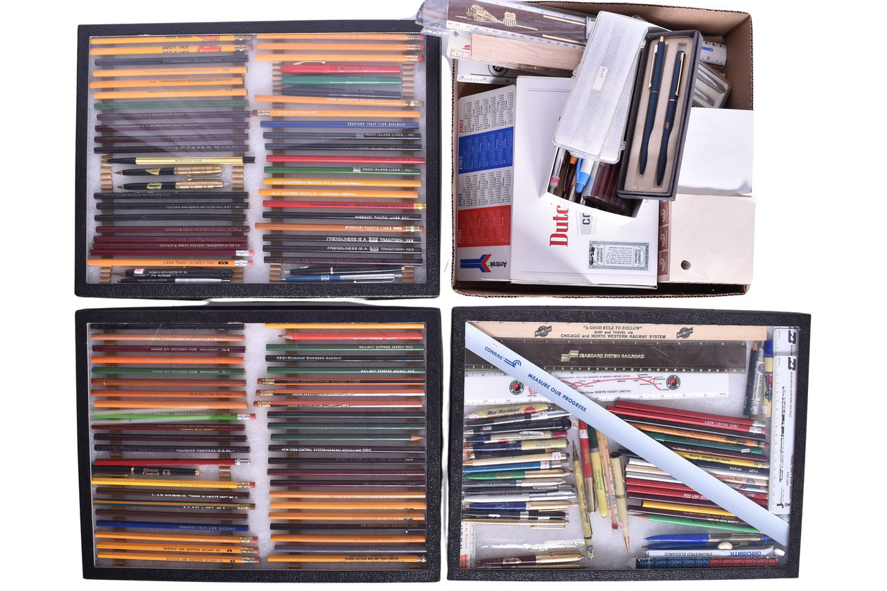 4485 - Large Collection of Railroad Pencils, Pens, Mechanical Pencils, Rulers, and Notepads - Santa Fe, Milwaukee Road, Etc. thumbnail