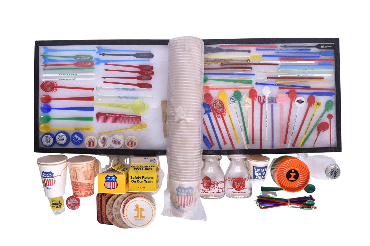 4487 - Collection of Railroad Dining Car Stir Sticks, Coasters, Water Cartons, Milk Bottles, Paper Cups, and Lids thumbnail