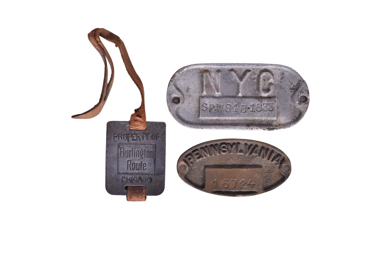 4378 - Trio of Railroad Property Tags / Plates - Burlington Route, Pennsylvania, New York Central thumbnail