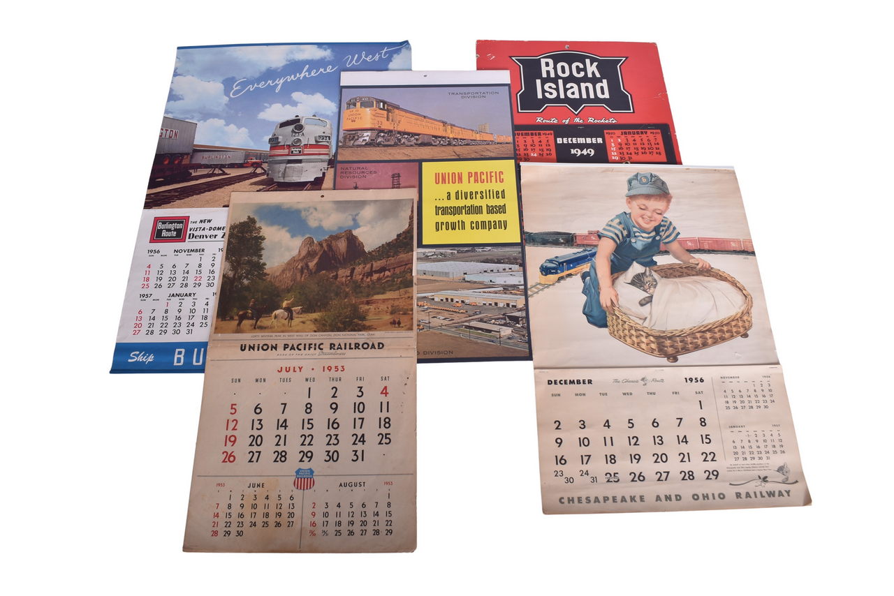 4493 - Six Large Railroad Wall Calendar Advertisements - Rock Island, Burlington Route, Chesapeake & Ohio, and Union Pacific thumbnail