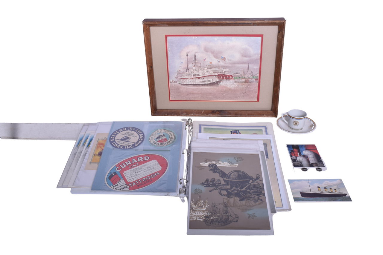 4385 - Mixed Group of Nautical Steamship Items - Luggage Labels, Menus, Art Print, US Navy Demitasse Set, and More thumbnail