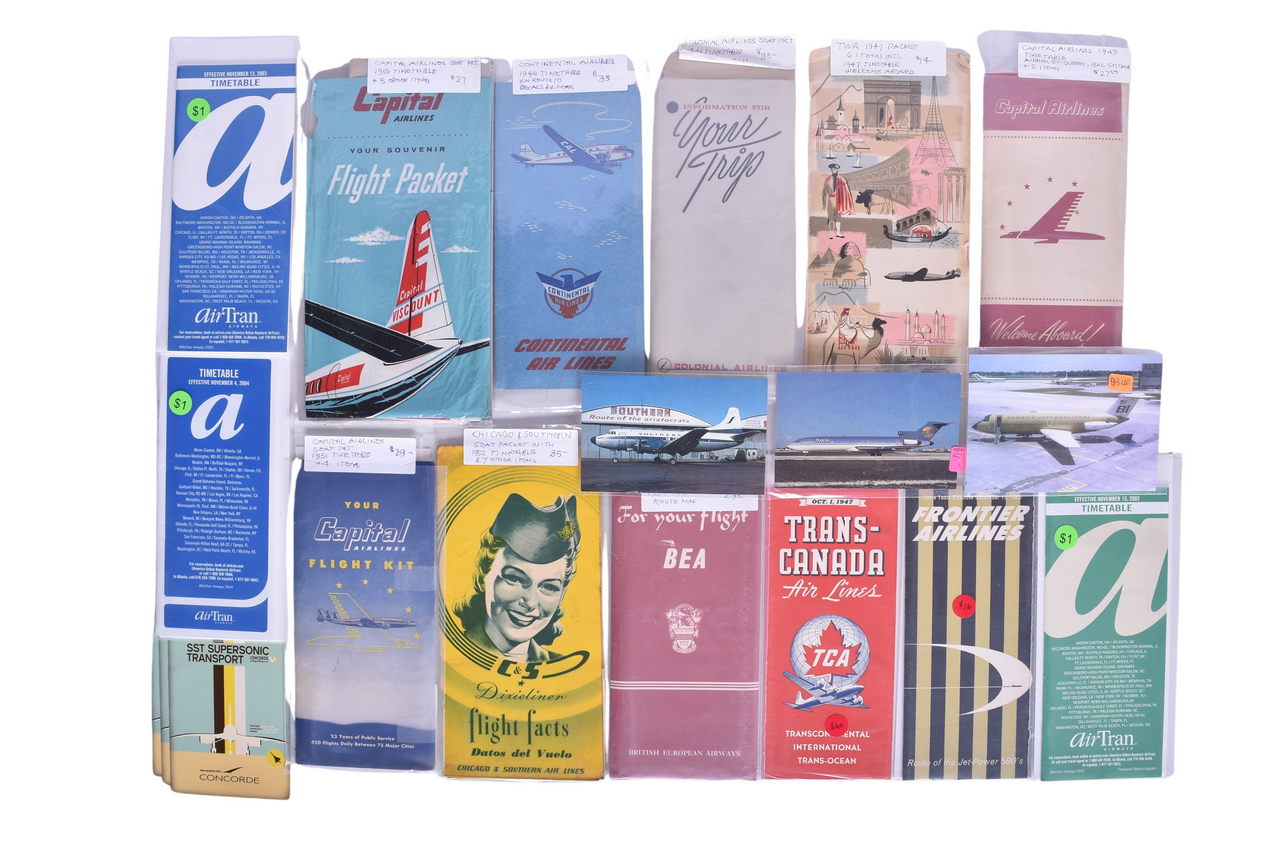 4387 - Collection of Airline Souvenir Flight Packets, Timetables, Luggage Tag Decals, Postcards, and More thumbnail