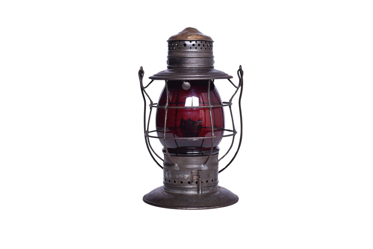 4499 - Boston & Maine Railroad Brass Top Bell Bottom Double Guard Lantern w/ Red Barrel Globe thumbnail