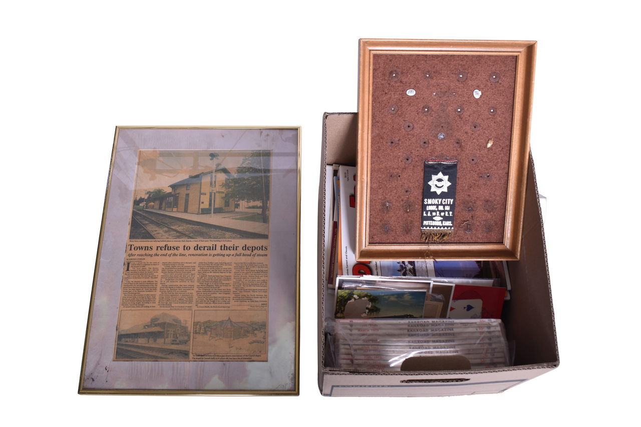 4389 - Assorted Railroad Paper and Ephemera - Brotherhood Service Pin, Calendars, Postcards, Magazines, and More thumbnail