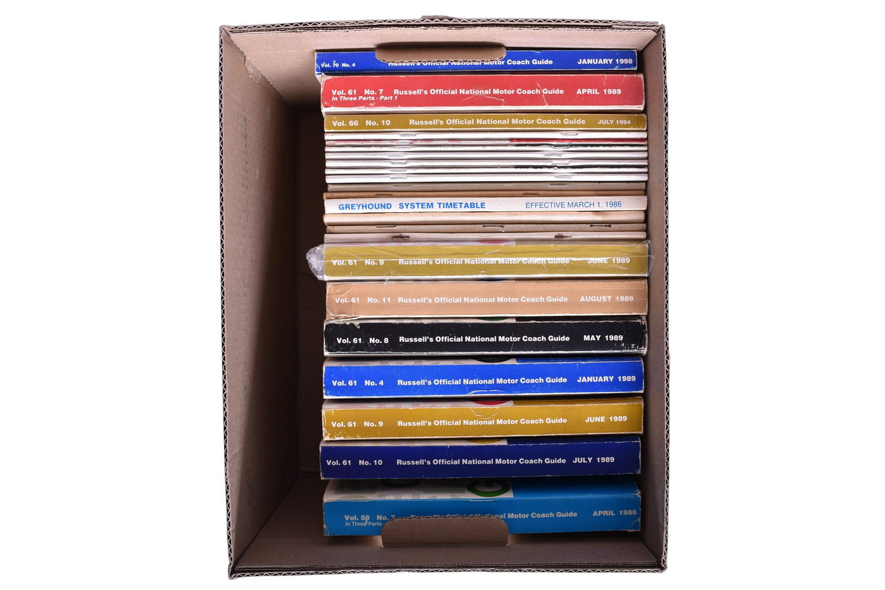 4391 - Twenty-Three Russell's Official Motor Coach Bus Guide's, Map Supplements, and Greyhound System Timetable thumbnail