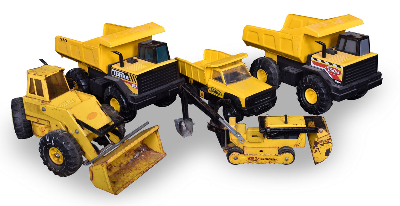 4399 - Five Tonka Construction Trucks - Pressed Steel Front End Loader, Trencher, Mighty Dump Truck Steel Classics, and Dump Truck thumbnail