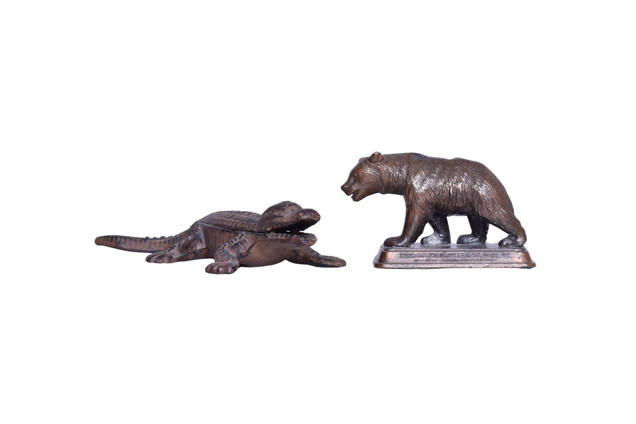 4533 - Chicago Milwaukee and St. Paul Railway Grizzly Bear Desk Paperweight and Monon Route Repro Alligator Match Safe thumbnail
