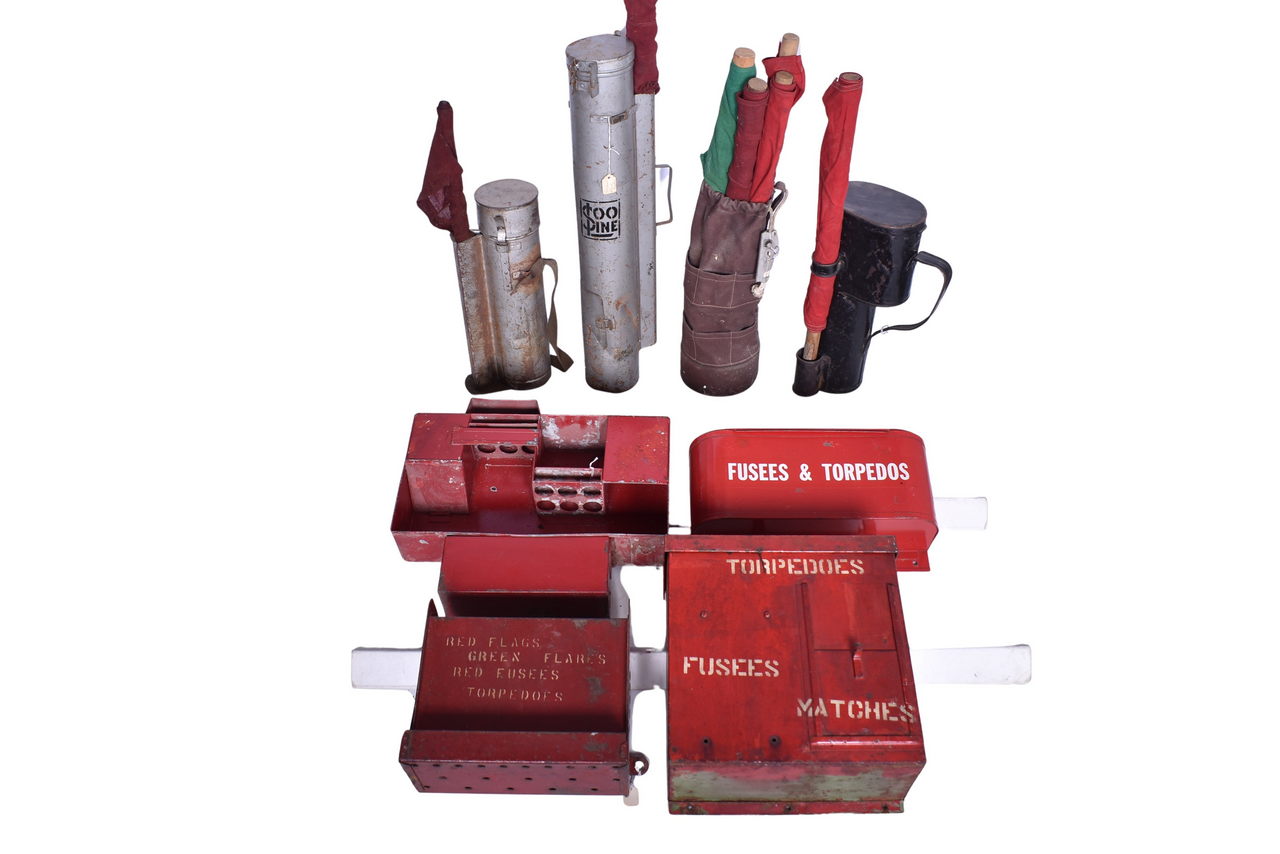 4541 - Group of Railroad Flagman Kits and Metal Fusees & Torpedo Holders - Southern Pacific, Union Pacific, Soo Line, Chesapeake & Ohio thumbnail