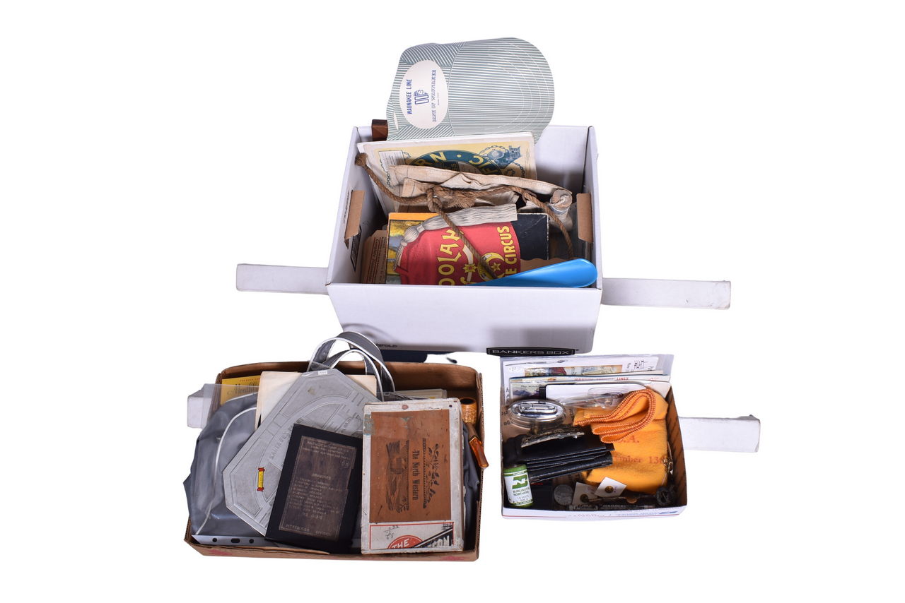 4549 - Mixed Group of Railroad Ephemera - Promotional Items, Souvenir Travel Bag, Keys, Record, Cigar Box, Car Seals, and More thumbnail