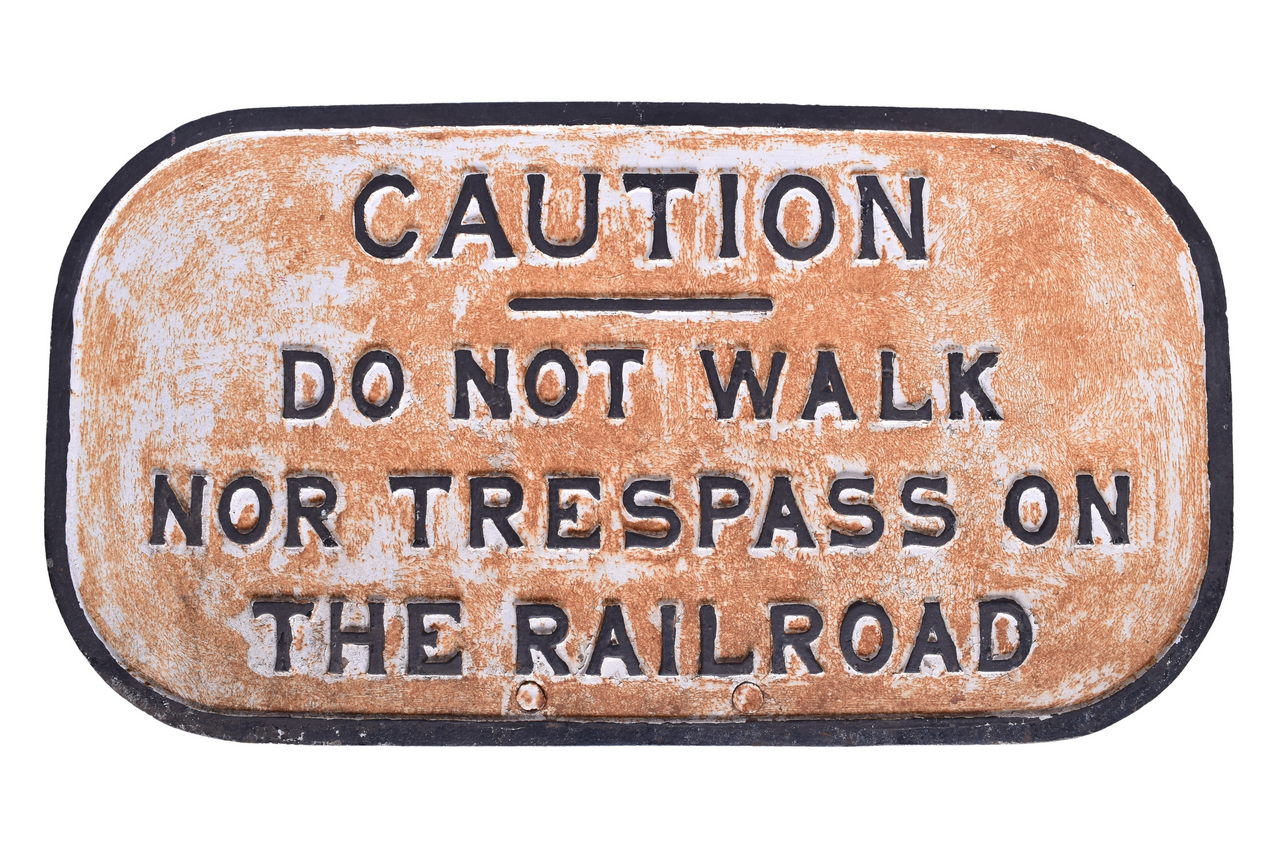 4581 - Cast Iron Railroad Reproduction Caution Do Not Walk Nor Trespass Sign thumbnail
