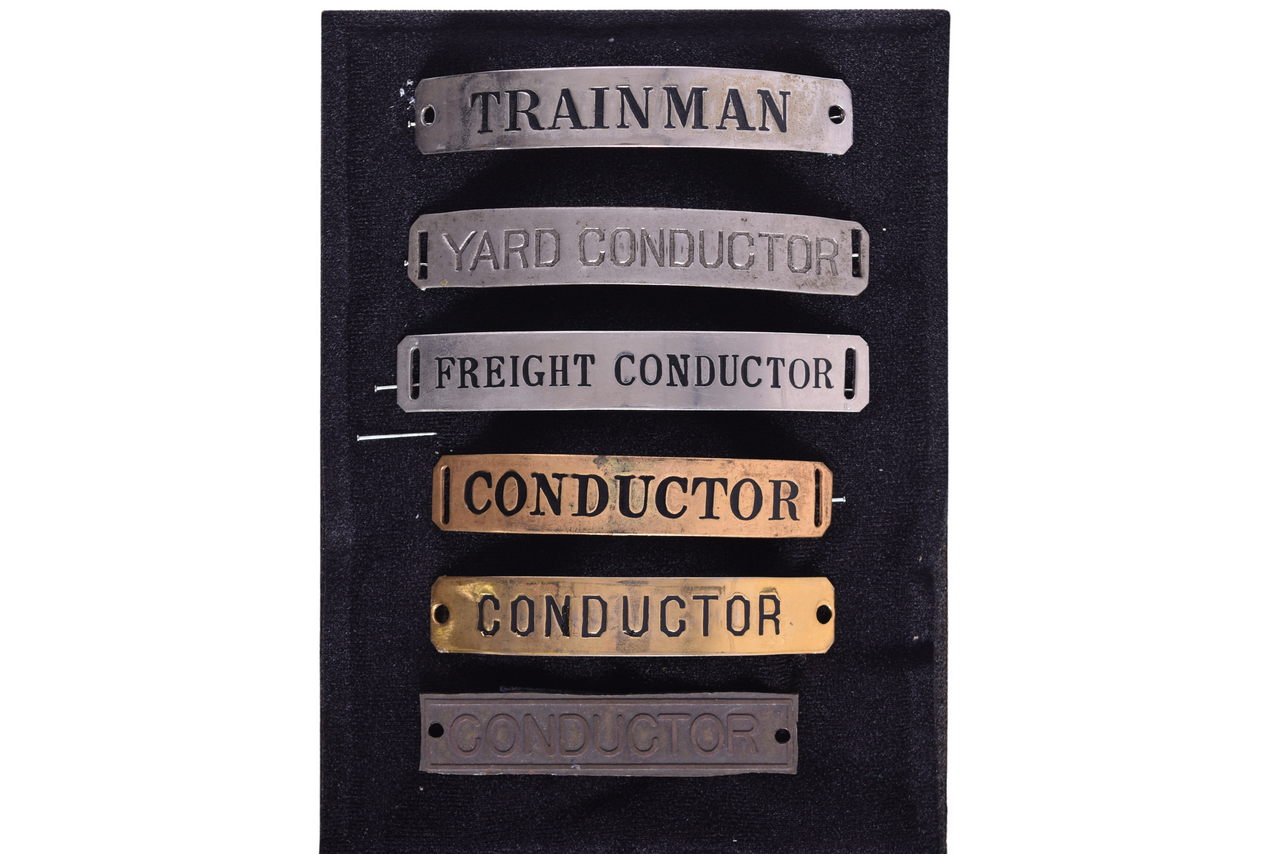 4590 - Six Railroad Uniform Badges - Conductor, Yard Conductor, Freight Conductor, and Trainman thumbnail