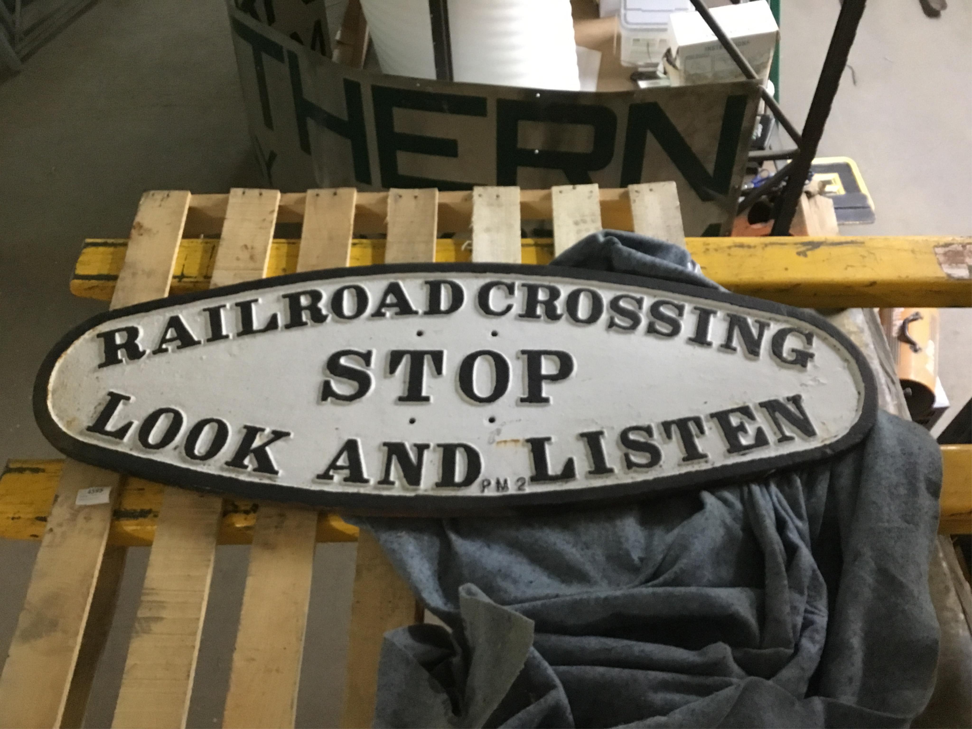 4595 - Cast Iron Railroad Crossing Stop Look And Listen Reproduction Sign thumbnail