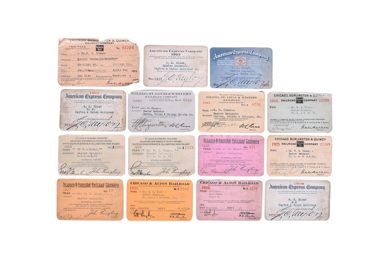 4647 - Fifteen Railroad Annual Passes - Toledo, St. Louis & Western, St. Louis & Hannibal, Chicago & Alton, American Express, and Burlington Route thumbnail
