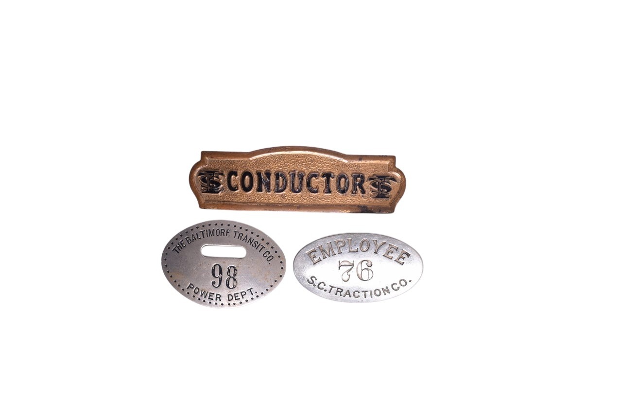 4673 - Three Traction / Interurban Company Conductor Cap Badge and Employee Badges - Illinois Traction System, Baltimore Transit, and S.C. Traction thumbnail