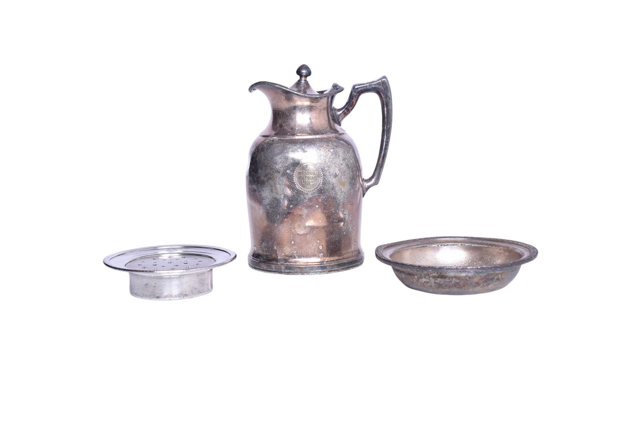 4691 - Three Missouri Pacific Lines Railroad Silver Dining Car Items - Ice Butter Dish, Bowl, and Stanley Thermos Pitcher thumbnail