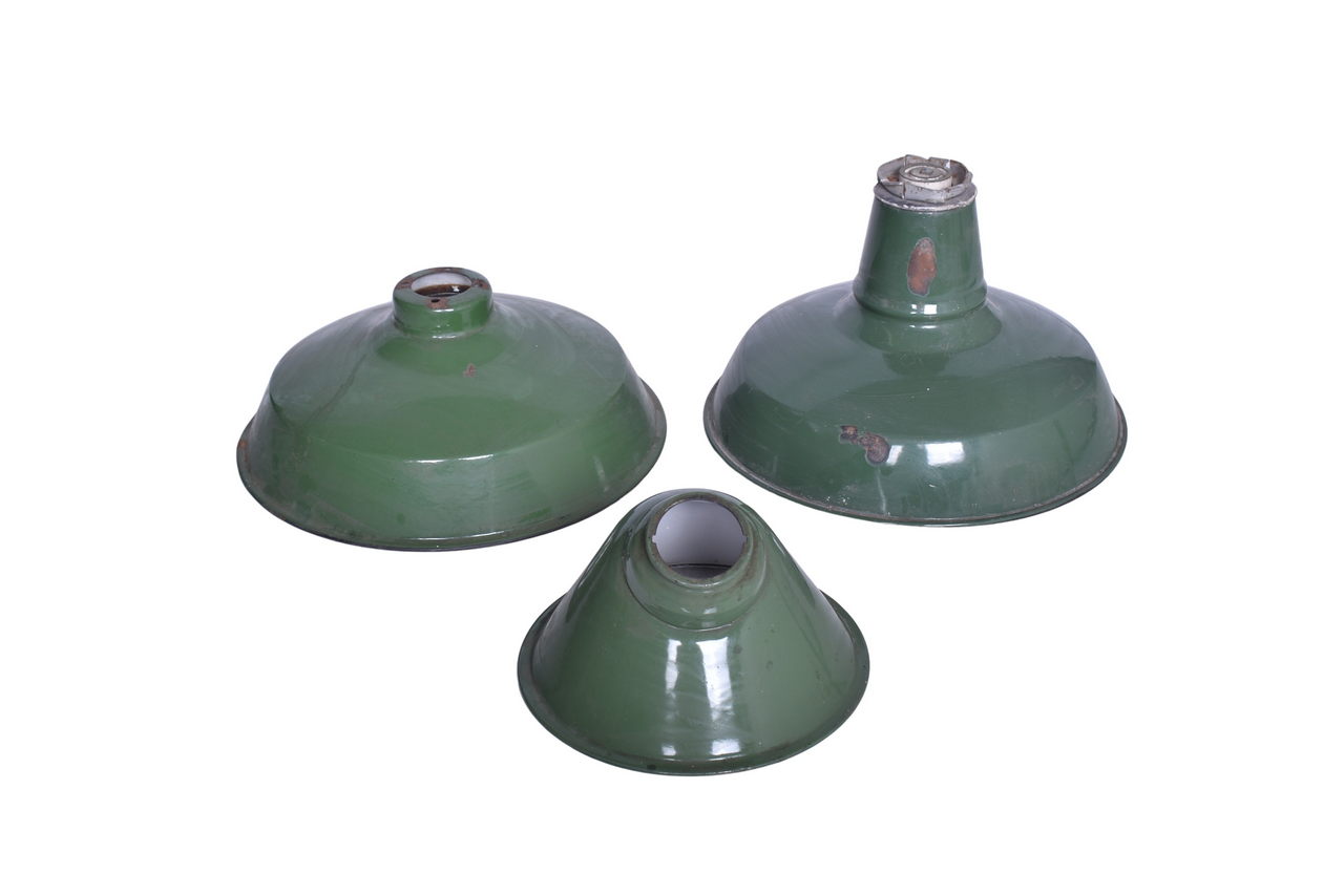 4702 - Three Green Enamel Industrial Shop Pendant Light Lamps w/ Porcelain Shades thumbnail