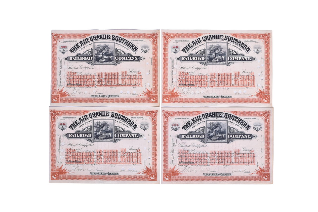 4704 - Five Otto Mears Signed Rio Grande Southern Railroad Stock Certificates thumbnail