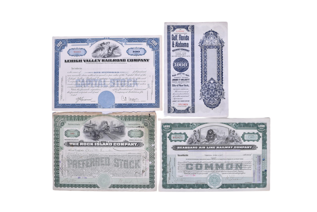 4705 - Five Eastern Railroad Stocks and Gold Note - Gulf Florida & Alabama, Seaboard Air Line, Lehigh Valley, and Rock Island thumbnail